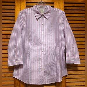 LL Bean Striped 3/4 Sleeve Button Up Wrinkle Resistant Lavender & White Womens M